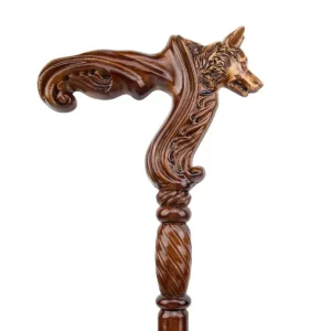 Canne en bois sculpté tête de loup