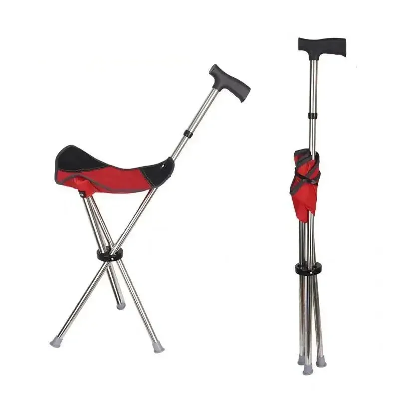 Canne siège pliable rouge en utilisation